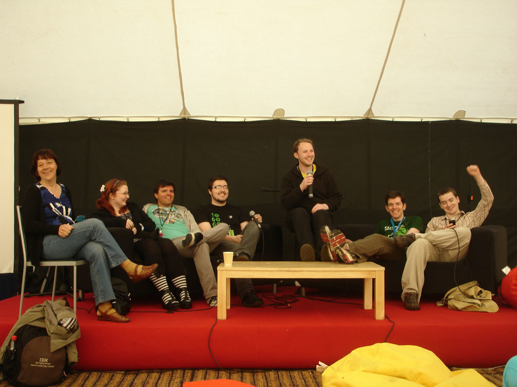 Hack The Planet: Hackerspaces - Centres of Creativity and Innovation', Panel discussion at the Ignition Stage of the Mindfield Festival of Ideas, Merrion Square, Dublin. Saturday, April 30th, 2011. From the left, Dr. Gabriela Avram (MILKLabs, Limerick), Jane Ní Dhulchaointigh (sugru.com), Adrian Avendano (091Labs.com, Galway), Jeffrey Roe (TOG.ie, Dublin), Kevin Flanagan (091Labs.com, Galway), Rob Fitzsimons (TOG.ie, Dublin), and Cathal Garvey (Nexus Cork).