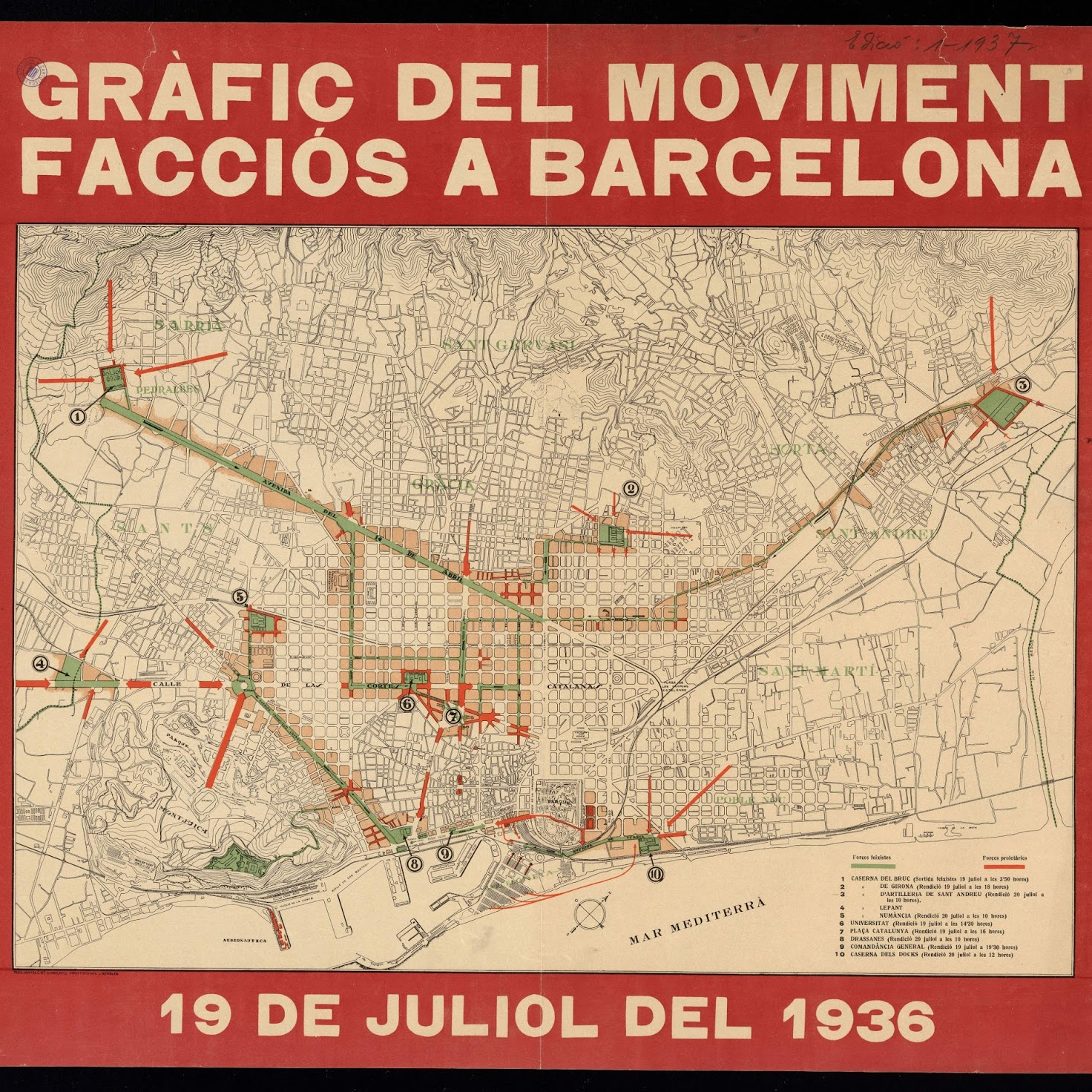 Graphic showing the movements of the fascist forces and the anti-fascist defence of Barcelona in July 1936.