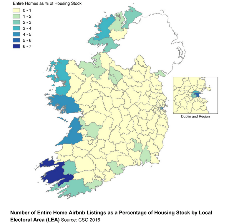 Number of entire home Airbnb listings as a percentage of housing stock by local electoral area.